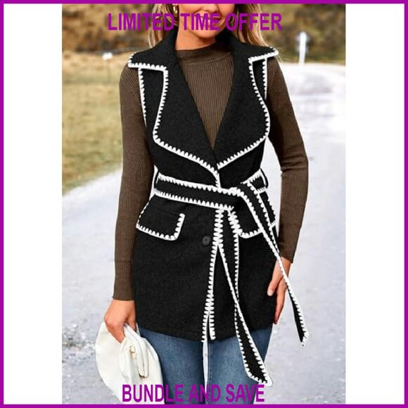 Tweed Vest Jacket Sleeveless Lapel Button Front Belt Winter Outerwear - Picture 5 of 8